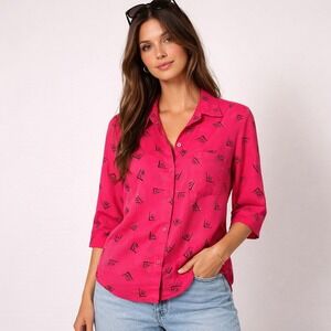 Vintage 80s Hot Pink Button Up Shirt Geometric Abstract Print Boxy Large